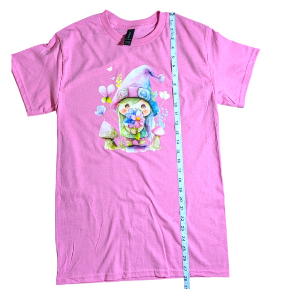 Cute - Gnome with Flowers - Graphic Tee - Pink - Size S - NWOT All Genders - Picture 2 of 7
